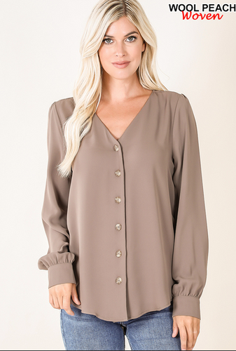 The Kate Puff Sleeve Button Down Blouse - Taupe