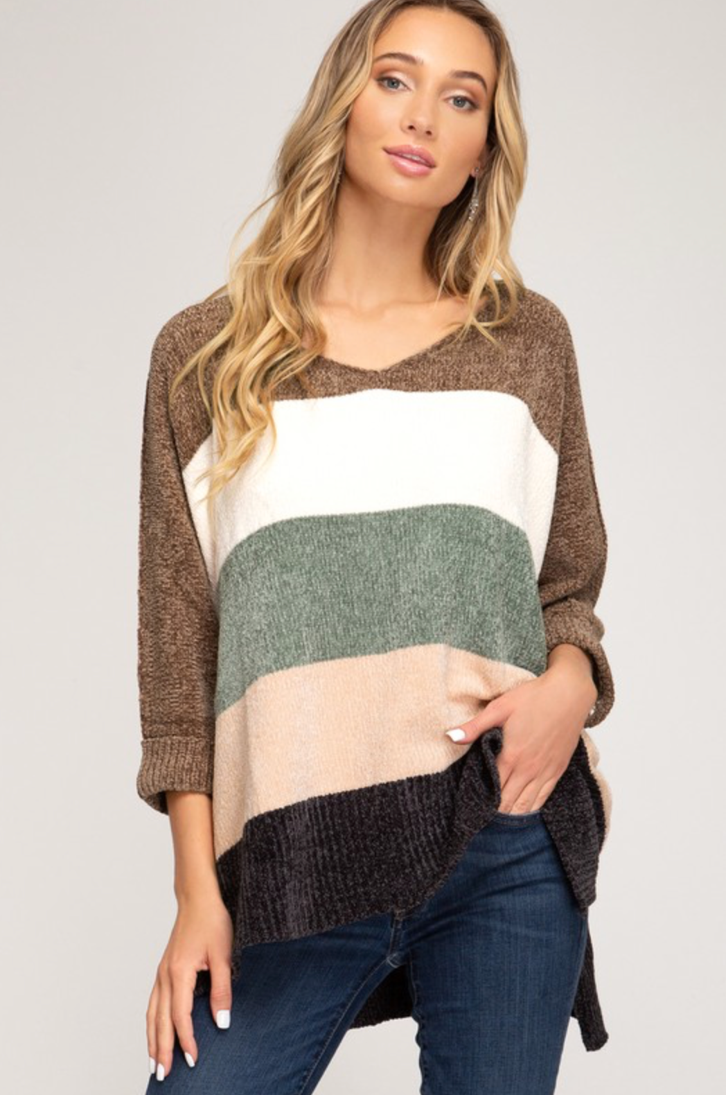 The Kinsley Color Blocked Chenille Sweater Neutral Styled
