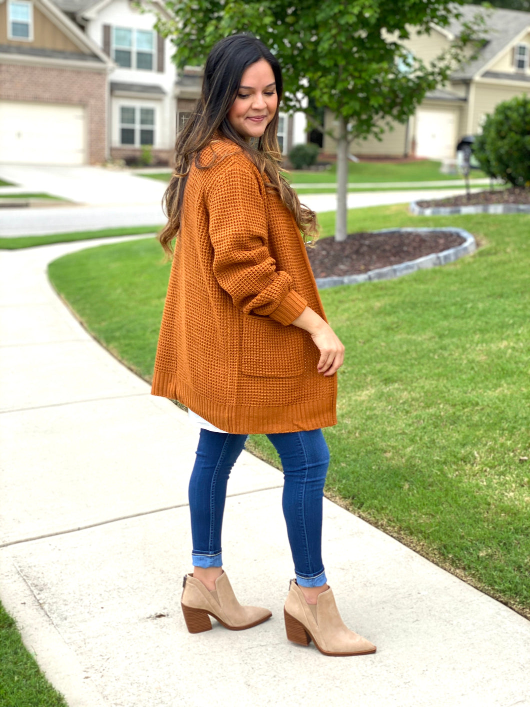 The Willow Waffle Knit Cardigan - Rust