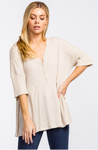 The Rylee Peplum V-Neck Thermal Top - Taupe