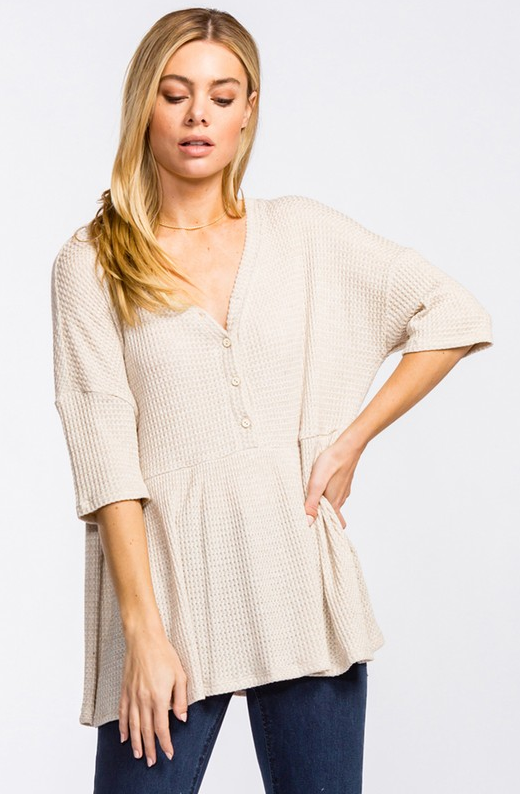 The Rylee Peplum V Neck Thermal Top Taupe