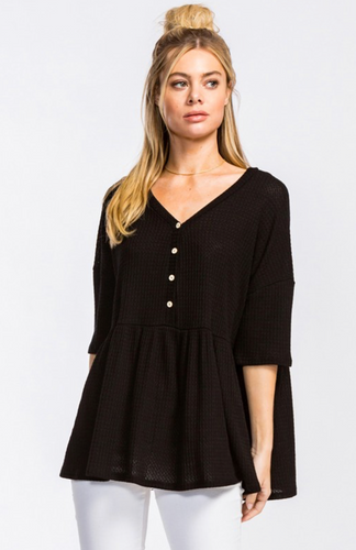 The Rylee Peplum V-Neck Thermal Top - Black