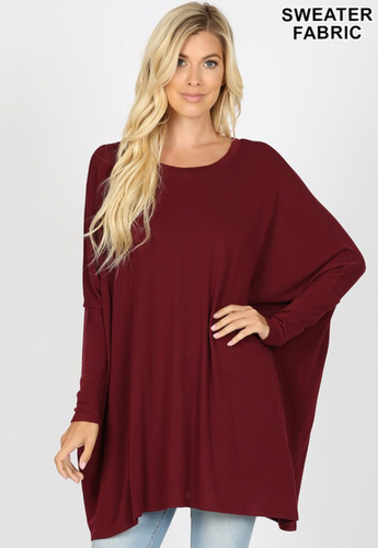 The Melody Oversized Round Neck Tunic Top - Burgundy